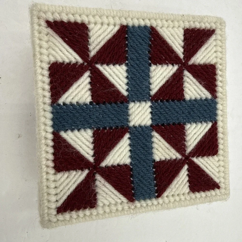 Vintage Handmade Set of 6 Needlepoint Yarn‎ Quilt Block Coasters with Holder 4x4